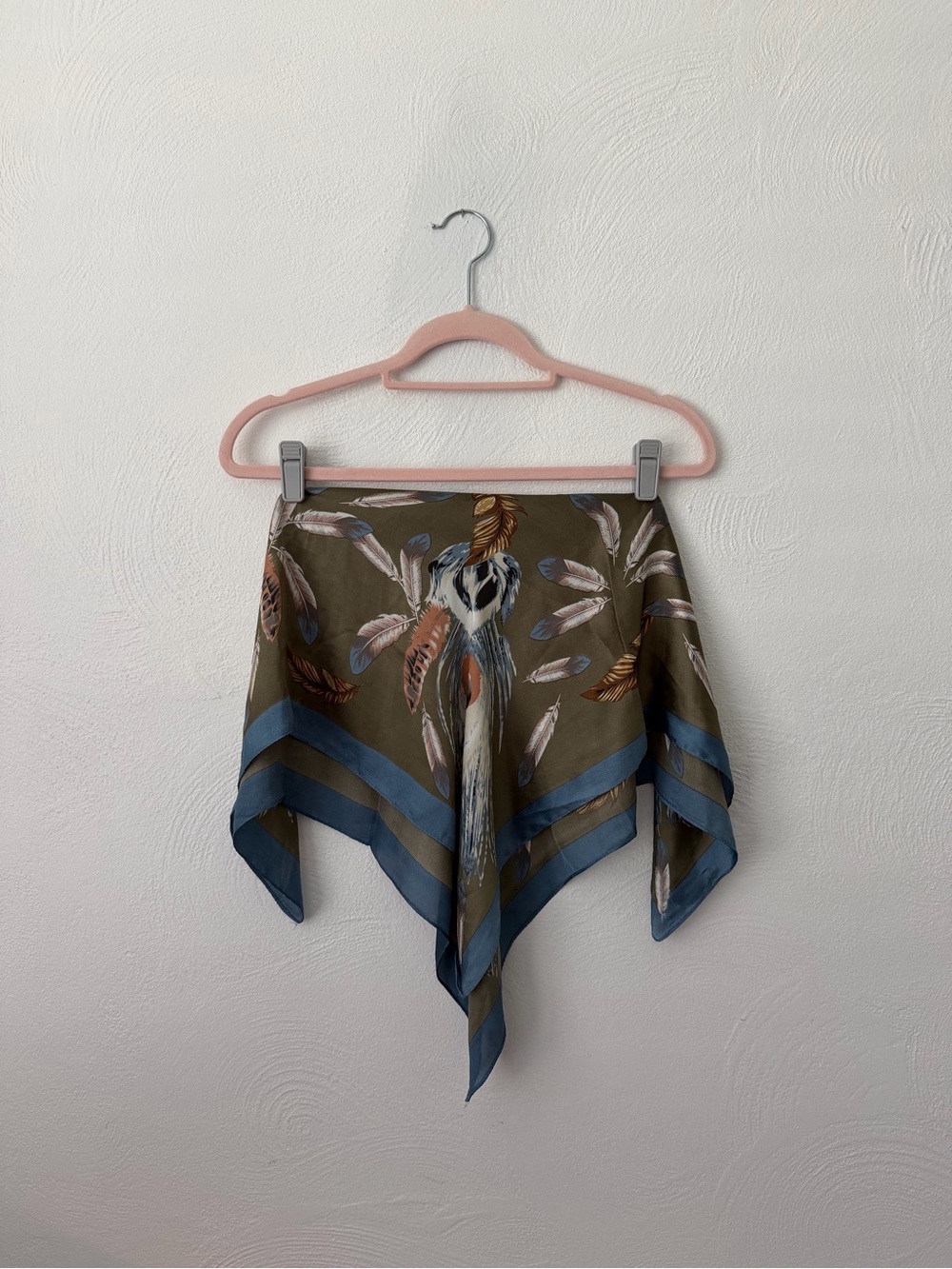 Olive Green Feather Print Bandana with Blue Trim